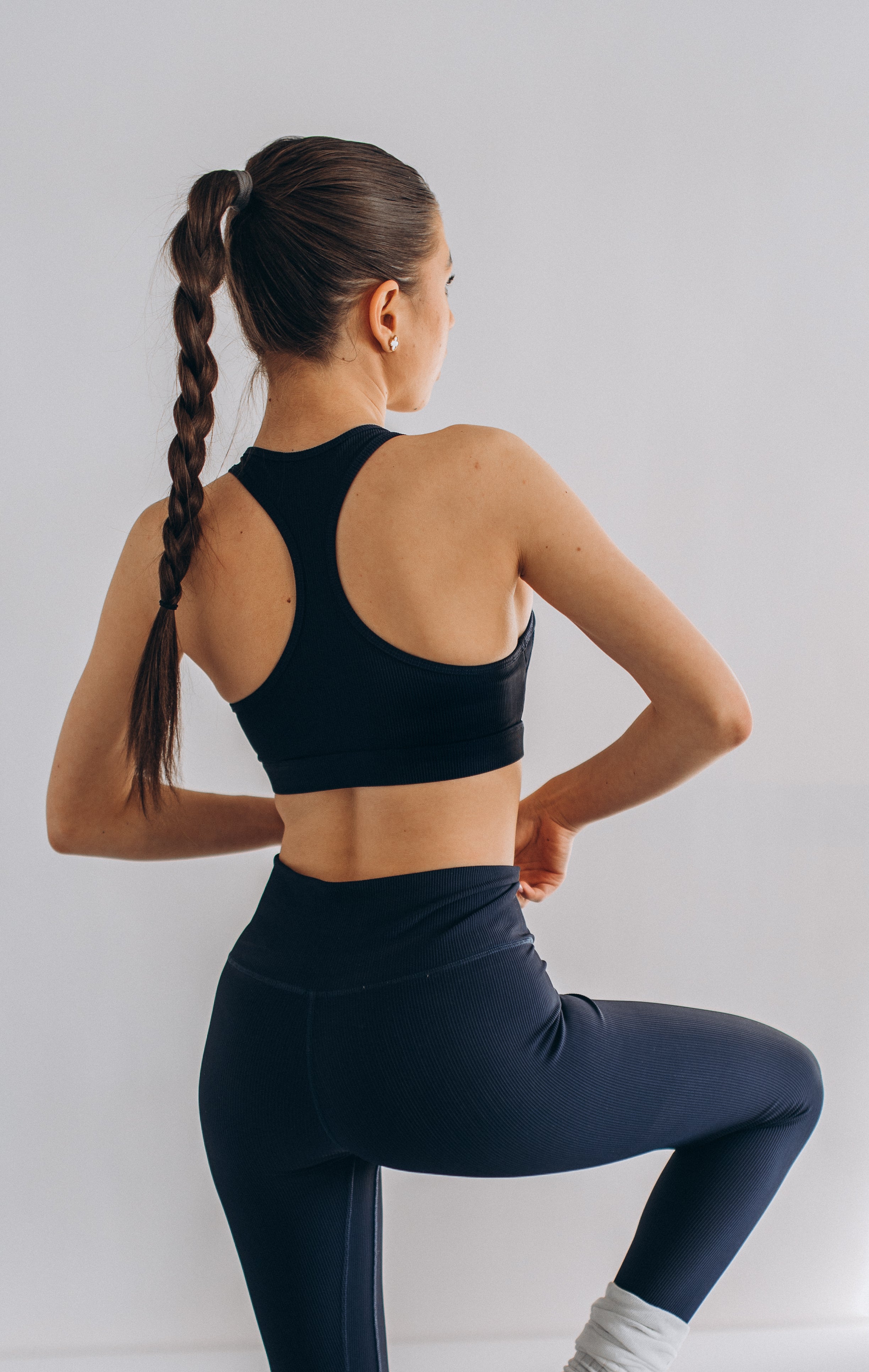 NUSA Ribbed Sports Bra + Mid Rise V-Waist 7/8 Leggings - Navy - Humbl Her