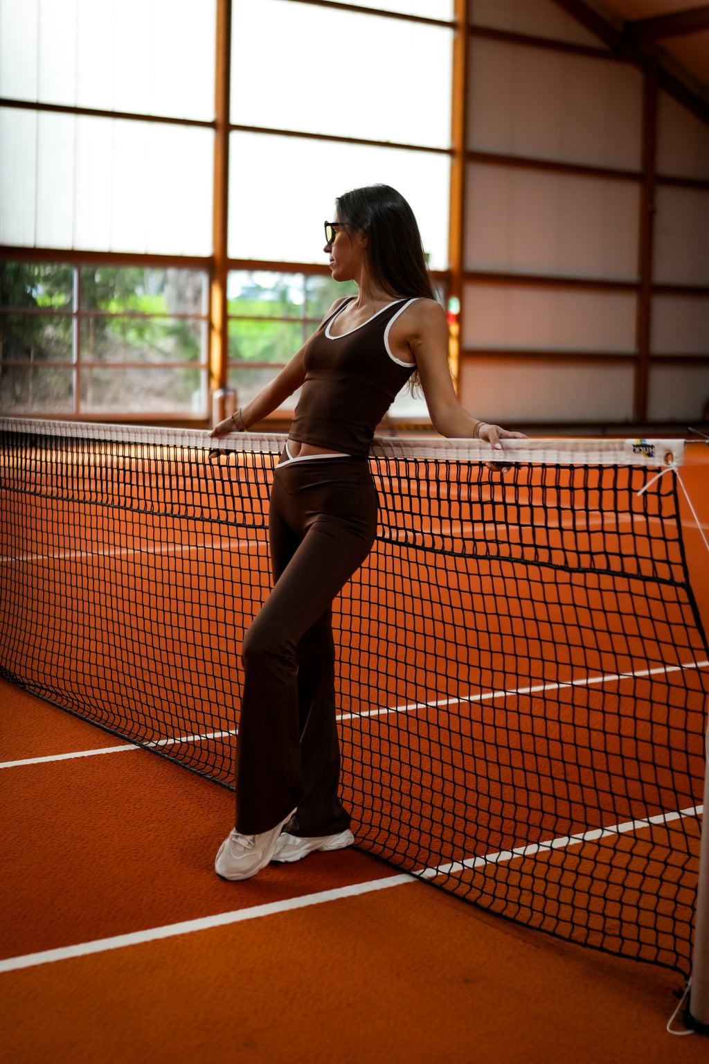 FLOW White Trim Tank Top + V-Waist High-Rise Flare Leggings - Cocoa - Humbl Her