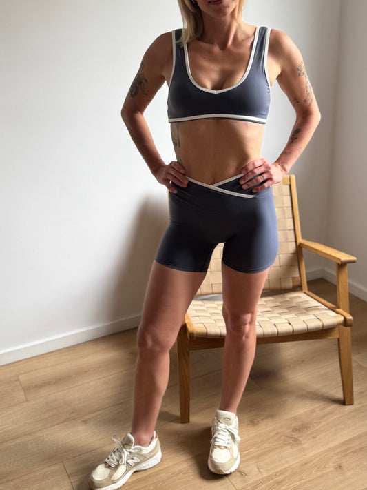 FLOW Sports Bra + Crossover Waist Shorts - Ash Blue