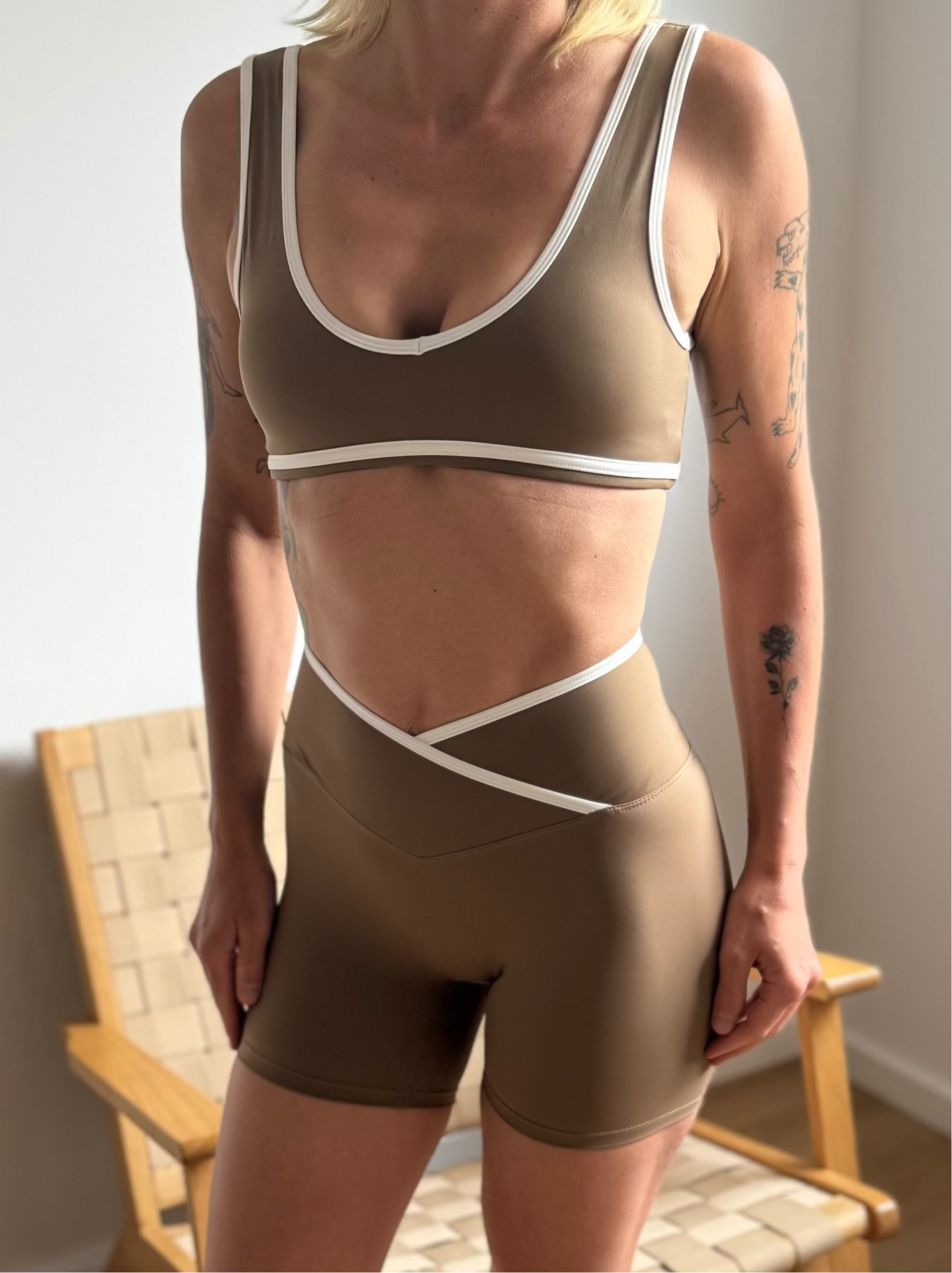 FLOW - Pull-On Sports Bra + V-waist High-Rise Shorts - Mocha - Humbl Her