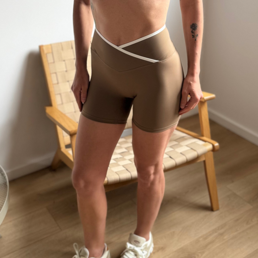 FLOW Crossover Waist Biker Shorts - Mocha