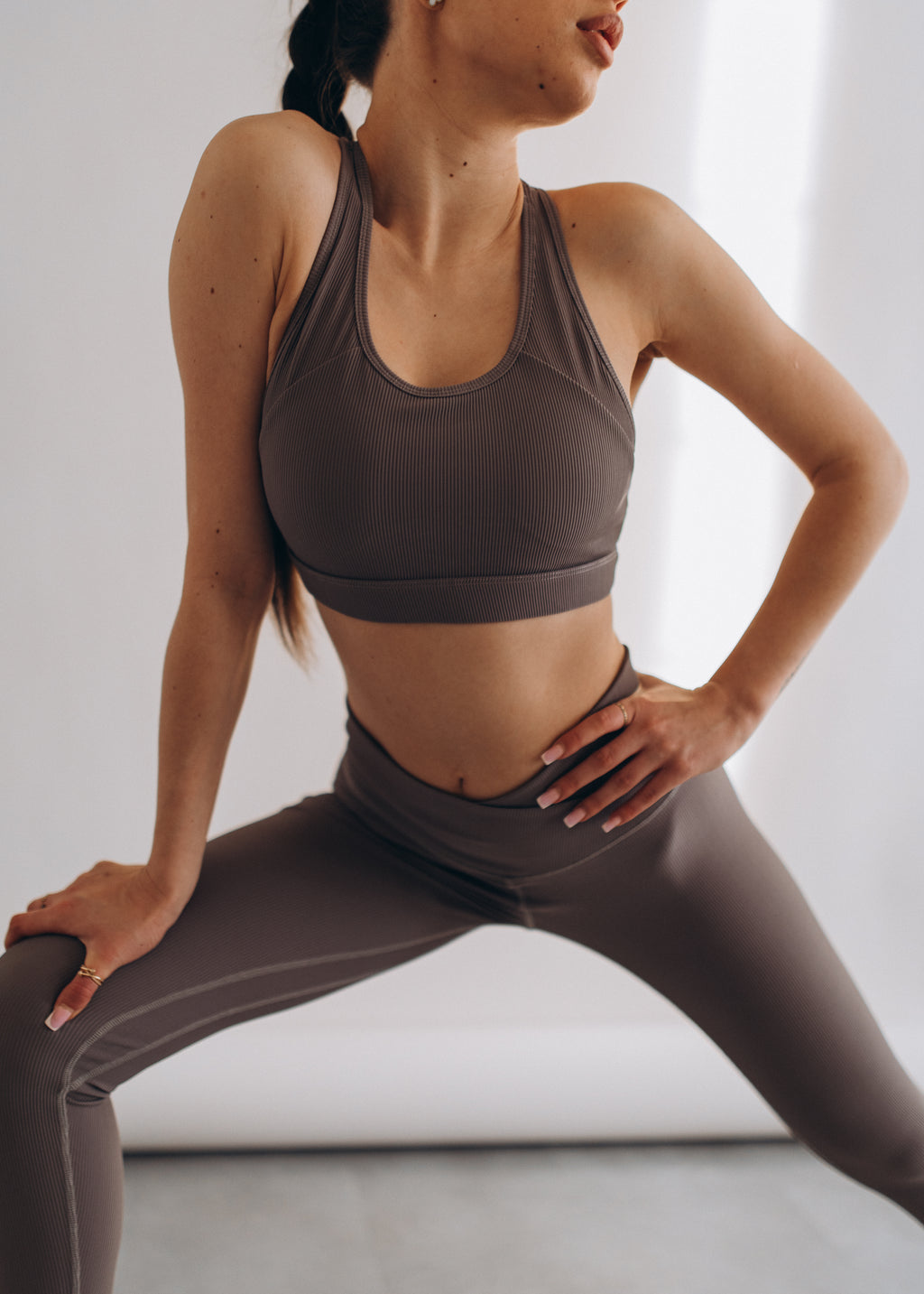 NUSA Ribbed Sports Bra + Mid Rise V-Waist 7/8 Leggings - Graphite - Humbl Her