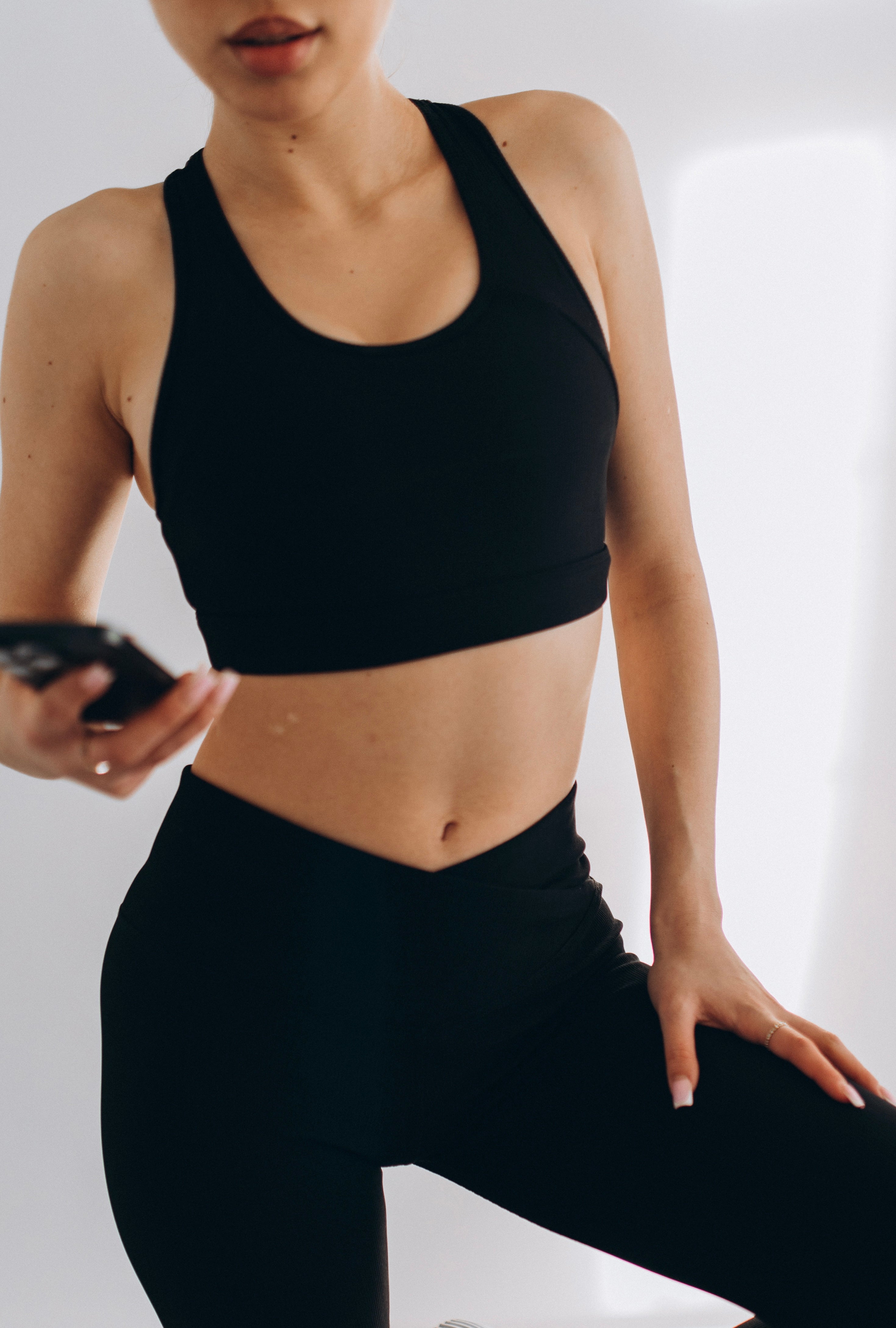 NUSA Ribbed Sports Bra + Mid Rise V-Waist 7/8 Leggings - Black - Humbl Her