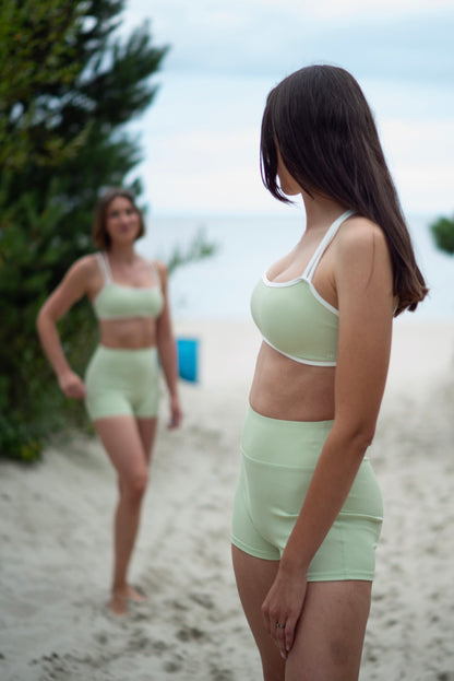 HARMONY Ribbed Sports Bra + Booty Shorts - Matcha