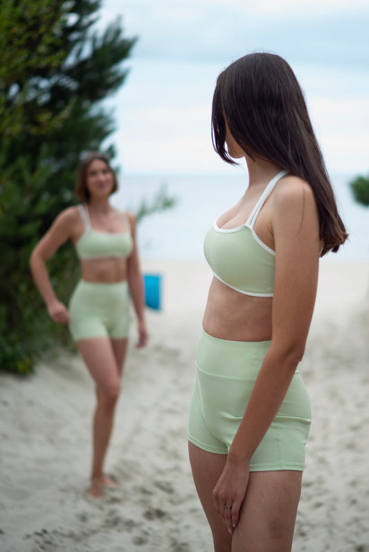 HARMONY Ribbed Sports Bra + Booty Shorts - Matcha