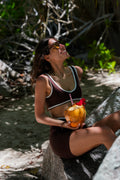 FLOW - Pull-On Sports Bra + V-waist High-Rise Shorts - Cocoa - Humbl Her