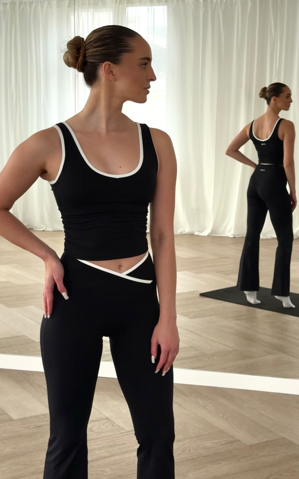 FLOW White Trim Tank Top + V-Waist High-Rise Flare Leggings - Black - Humbl Her