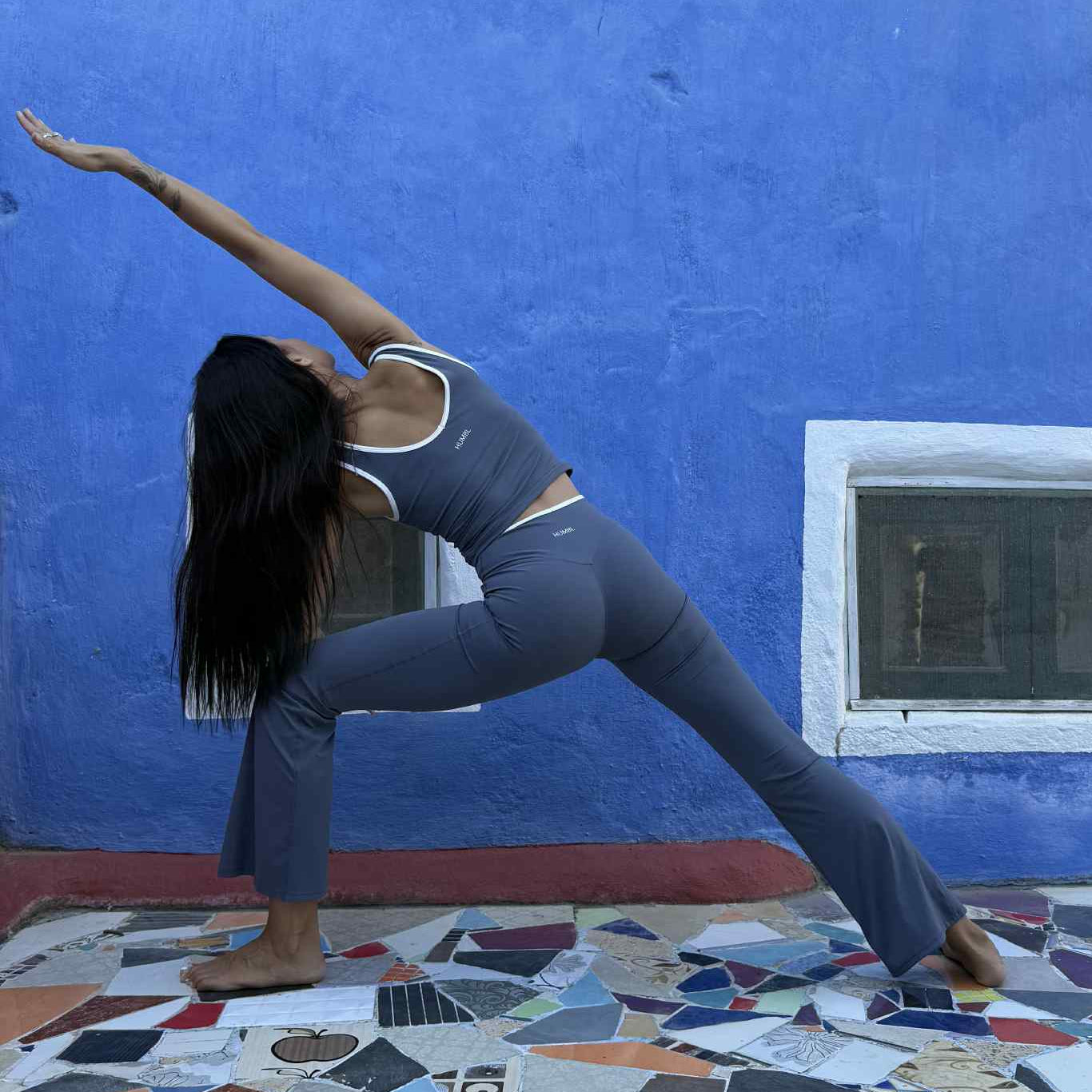 FLOW White Trim Tank Top + High-Rise Flare Leggings - Ash Blue