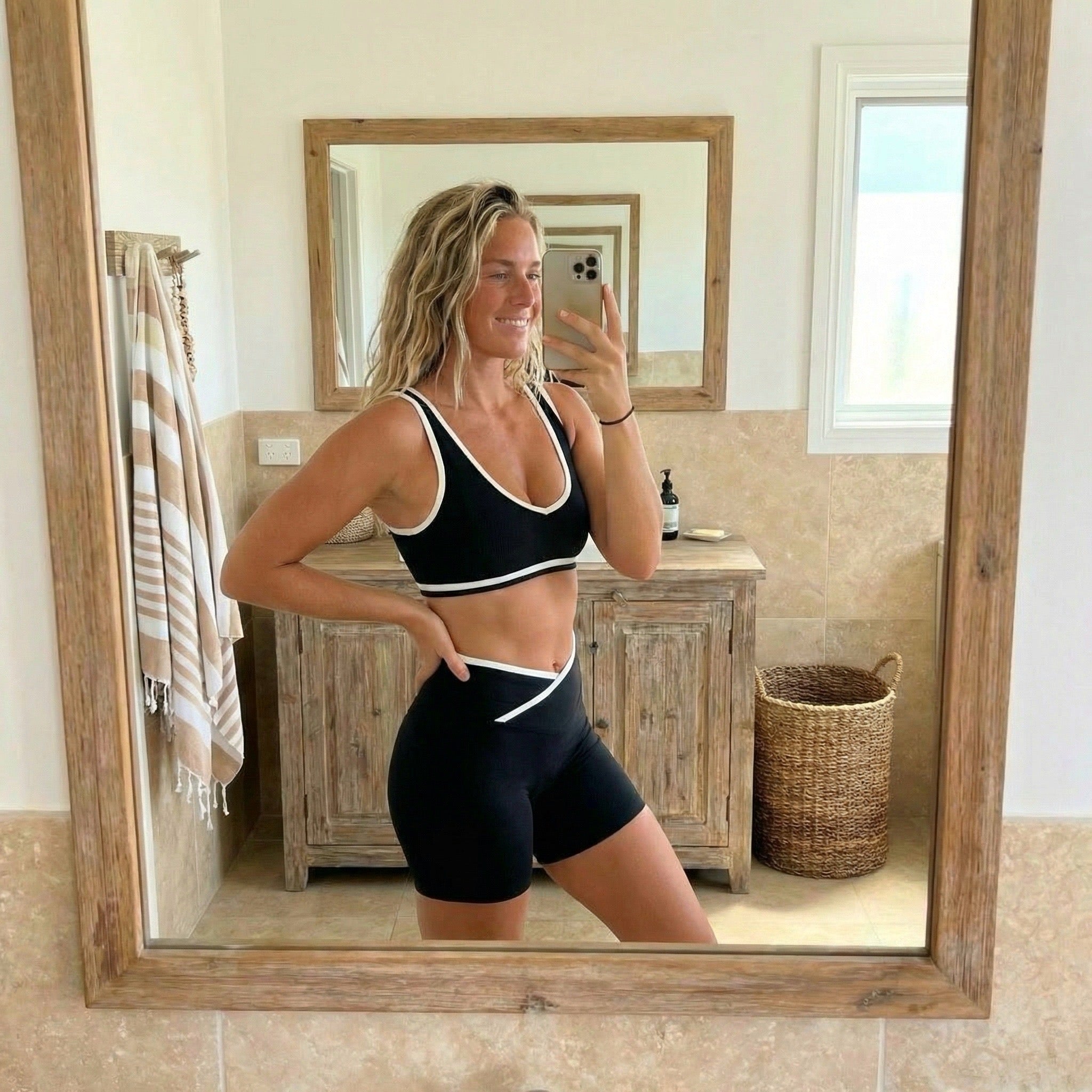 FLOW White Trim Pull-On Sports Bra - Midnight - Humbl Her